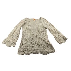 Anama Open Knit Crochet Bell Sleeve Sweater Size M Beige
